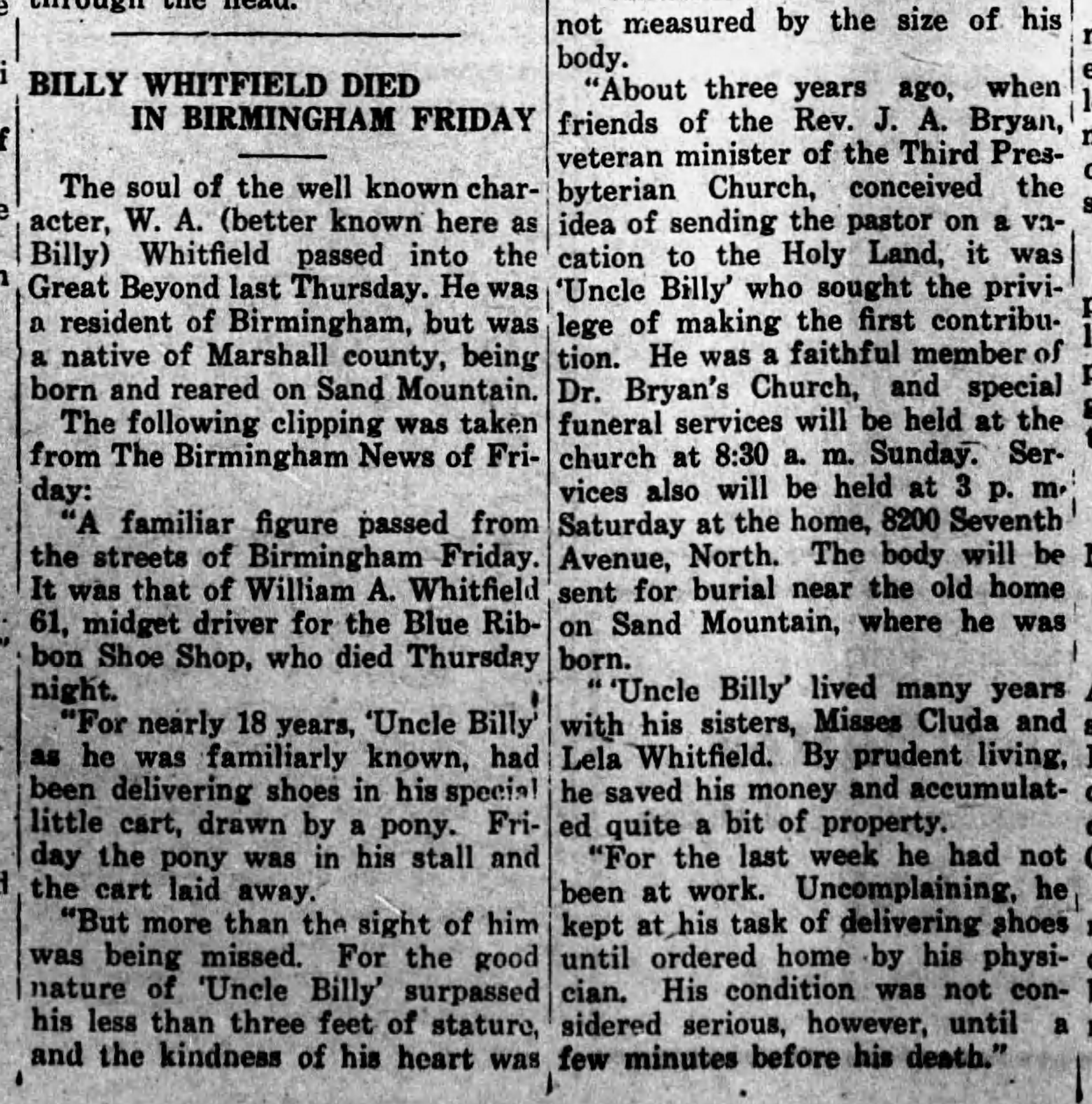 Billy Whitefield Died in Birmimgham Friday